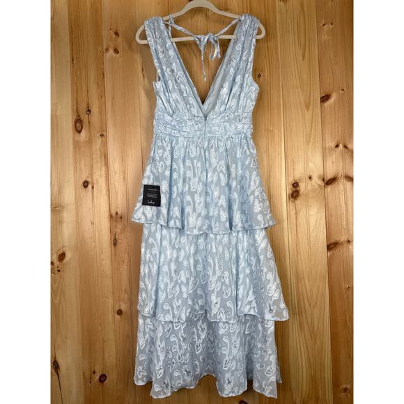 NWT Lulus Make It Mesmerizing Light Blue Jacquard Tiered Midi Dress Bohemian M - Picture 5 of 8